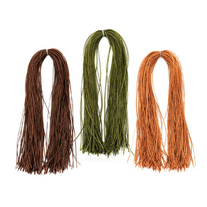Three Hanks of MFC Sexi Floss Fly Tying Silicone Legs in brown, olive and copper arranged against a white background.