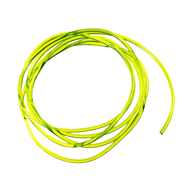 A coil of caddis green MFC Slim Rim Body Material for fly tying on a white background.