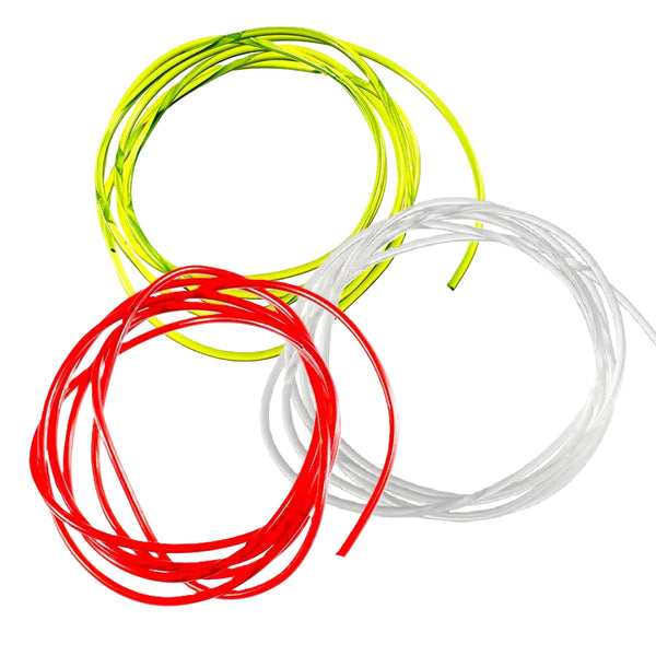 Three coils of MFC Slim Rim Body Material for fly tying in red, clear, and caddis green, on a white background.