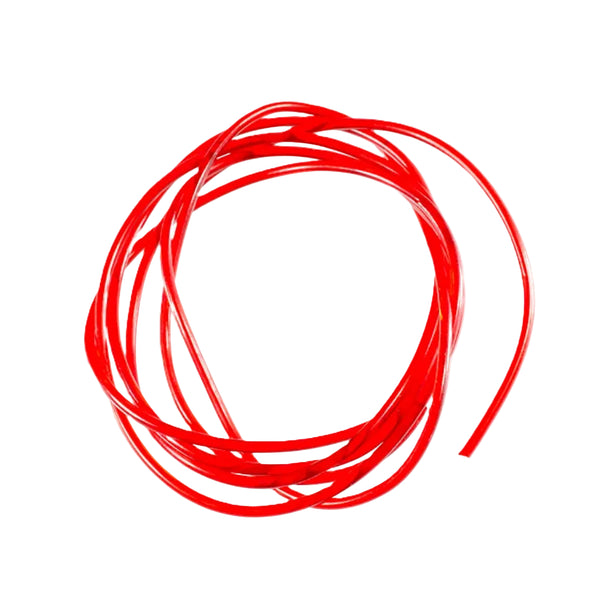 A coil of red MFC Slim Rim Body Material for fly tying on a white background.