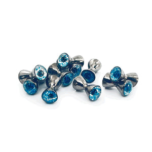 Black nickel with holographic blue MFC Sparkle Dumbbell Eyes for fly tying, arranged in a loose group of 10 on a white background.
