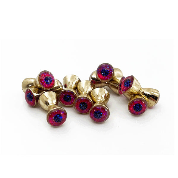 Gold color with red sparkle MFC Sparkle Dumbbell Eyes for fly tying, arranged in a loose group of 10 on a white background.