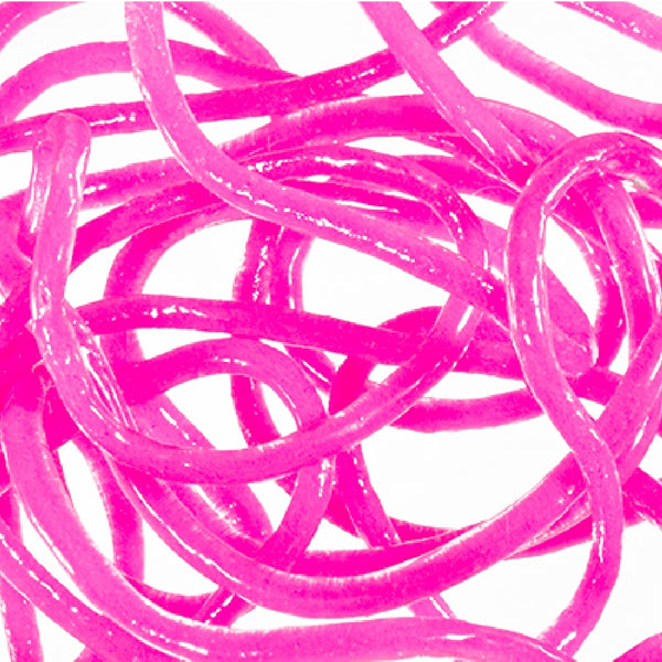 Strands of hot pink MFC Trina's Squirm Material for fly tying on a white background.