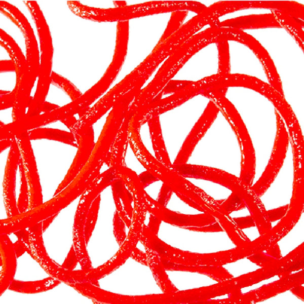 Strands of red MFC Trina's Squirm Material for fly tying on a white background.