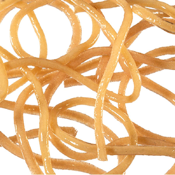 Strands of tan MFC Trina's Squirm Material for fly tying on a white background.