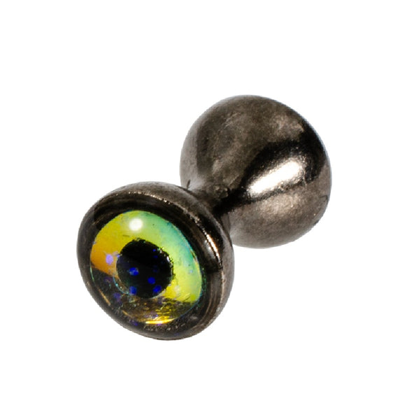 Black nickel with multicolor opal MFC Tungsten Sparkle Dumbbell Eyes for fly tying, on a white background.