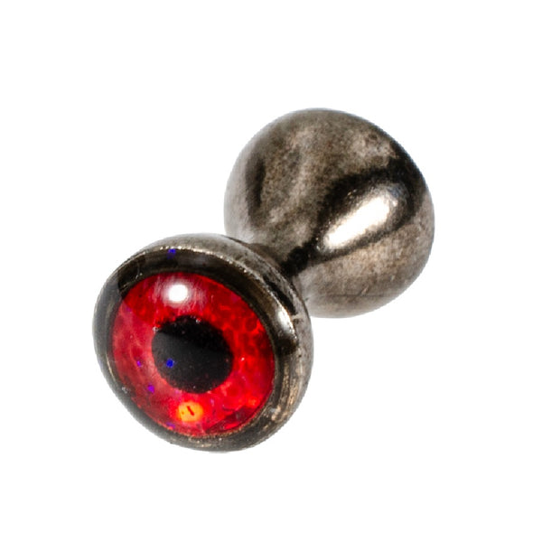 Black nickel with reflective red MFC Tungsten Sparkle Dumbbell Eyes for fly tying, on a white background.