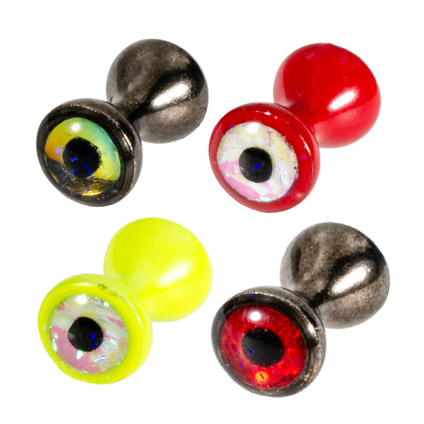 group of four different color MFC Tungsten Sparkle Dumbbell Eyes for fly tying, on a white background.