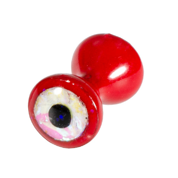 Red with opal white MFC Tungsten Sparkle Dumbbell Eyes for fly tying, on a white background.