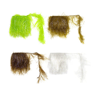 Four different colored MFC UV Double Cut Swimming Chenille for fly tying set against a white background.