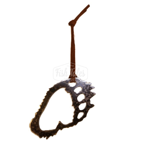 A bear footprint MK Steel Canadian Animals ornament in dark steel with a leather hanger, in the shape of a bear footprint with a foot pads cutout.