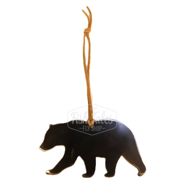 A solid Bear Silhouette MK Steel Canadian Animals ornament in dark steel with a leather hanger, in the shape of a walking bear.