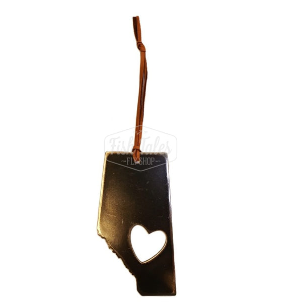 An MK Steel I Love Alberta black steel ornament with a leather hanger, featuring the Alberta shape and a heart cutout in the center.