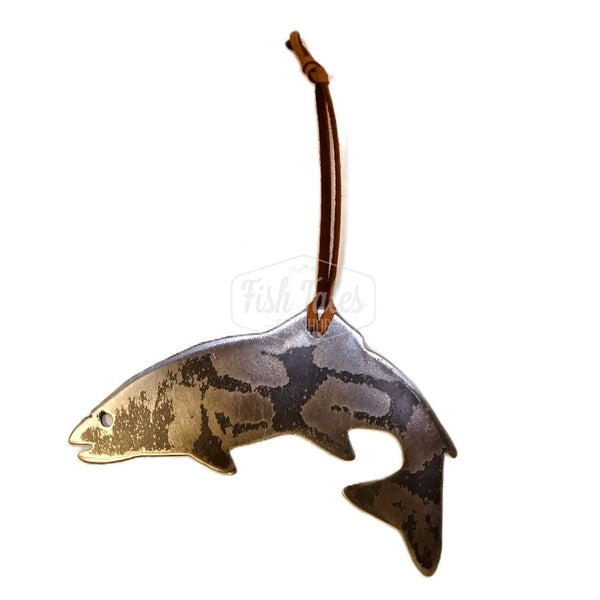 A Jumping Trout MK Steel fly fishing ornament in dark steel with a leather hanger, in the shape of a leapingtrout in profile.