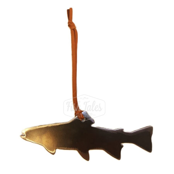 A Trout Silhouette MK Steel fly fishing ornament in dark steel with a leather hanger, in the shape of a trout in profile.