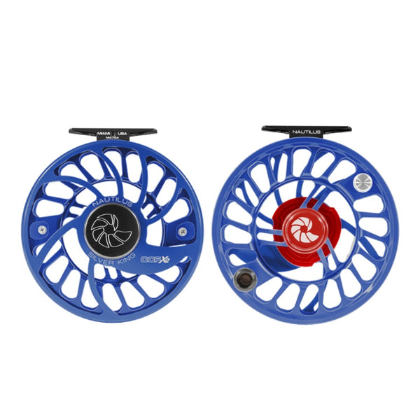 Front and back view of the Nautilus CCF-X2 anodized fly fly fishing reels in fathom blue, against a white background.