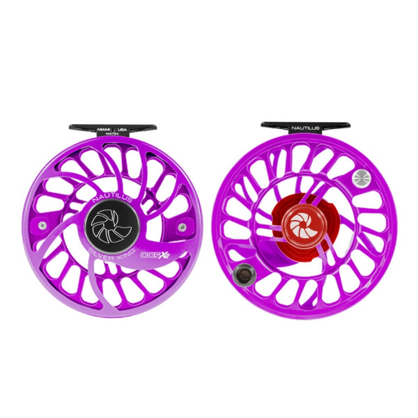 Front and back view of the Nautilus CCF-X2 anodized fly fly fishing reels in purple haze, against a white background.