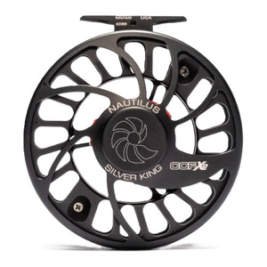 A matte black Nautilus CCF-X2 Saltwater fly fishing reel in the 'Silver King' model, shown against a plain white background.