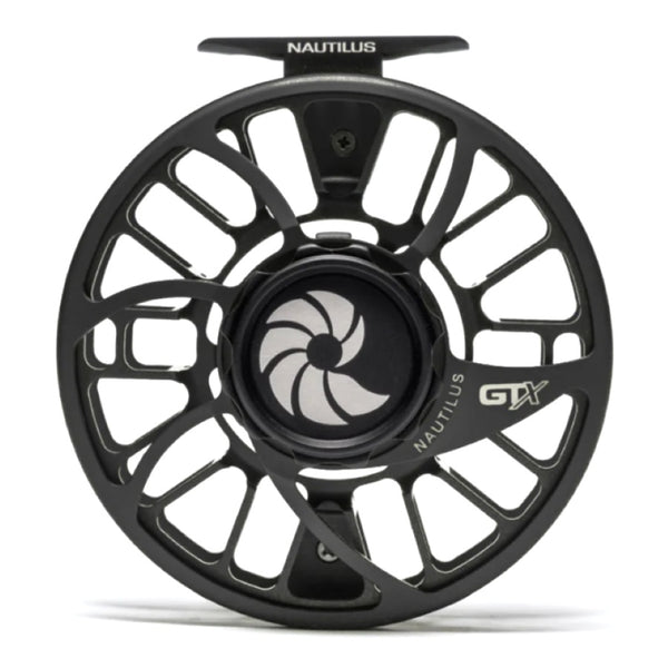A Nautilus GTX Saltwater Fly Reel with a black body and silver and red details on a white background.