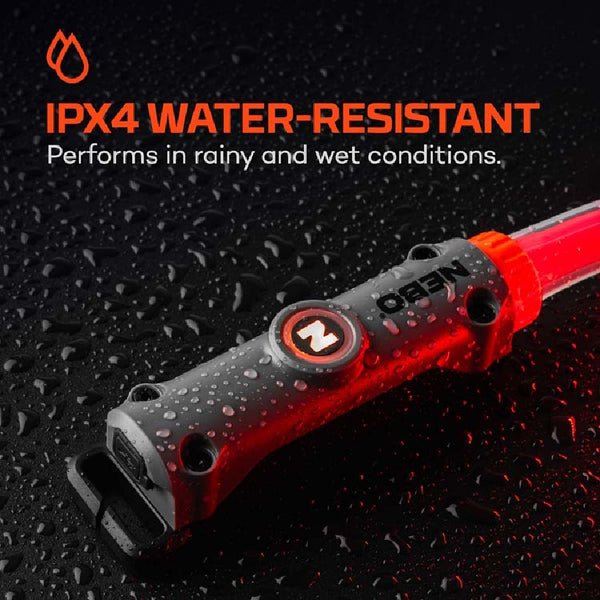 A Nebo Bando 1k Work Light with water droplets and IPX4 water resistance rating text on a dark background.