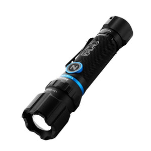 Black Nebo Blueline 600 Flex flashlight with blue accents on a white background.