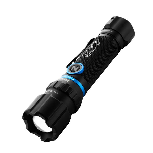 Black Nebo Blueline 600 Flex flashlight with blue accents on a white background.
