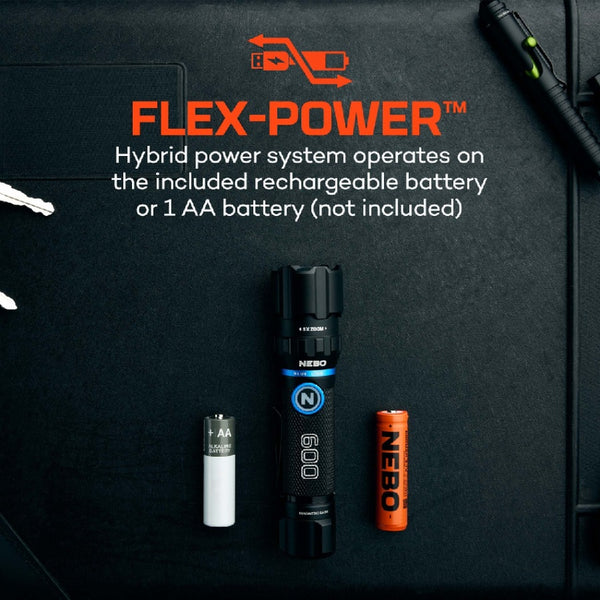 Nebo blueline 600 flex flashlight with battery options on a dark surface, featuring Flex-Power hybrid power system text.
