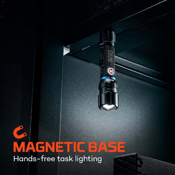 Nebo blueline 600 flex flashlight with magnetic base on a dark surface, highlighting hands-free task lighting feature.