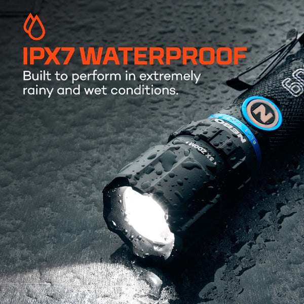 Waterproof Nebo Blueline 600 flex flashlight with IPX7 label on a wet surface.