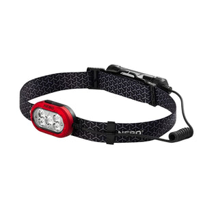 Nebo Illumatrace blood tracker Headlamp with red casing and  grey strap on a white background.