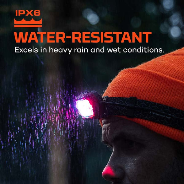 Person wearing an orange beanie with a neebo illumatrace blood tracker headlamp in rain, IPX6 water-resistant text above.