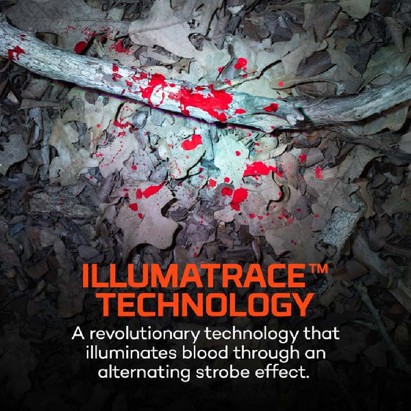 Close-up blood spots on a leafy woodland background, featuring the Nebo Illumatrace Technology text.