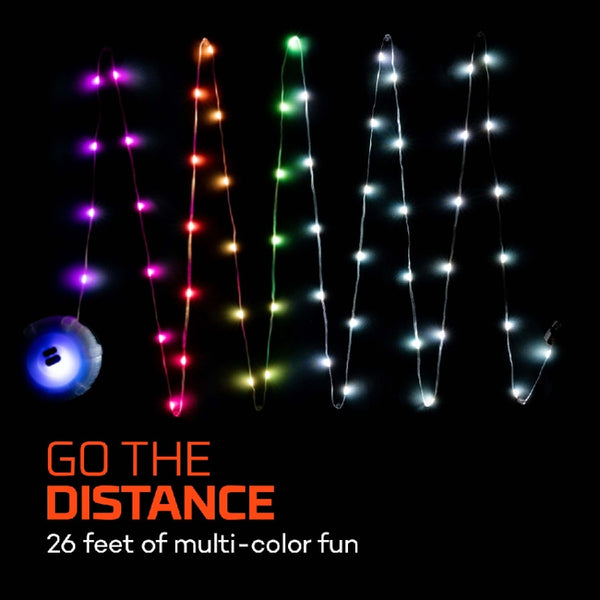 Colorful string lights from the nebo luna 400 plus lantern on a black background, featuring text 'Go The Distance' and product description.