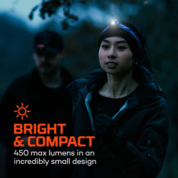Person wearing an illuminated blue convertible Nebo Mycro 450 cap light  in dark outdoor conditions with text overlay.