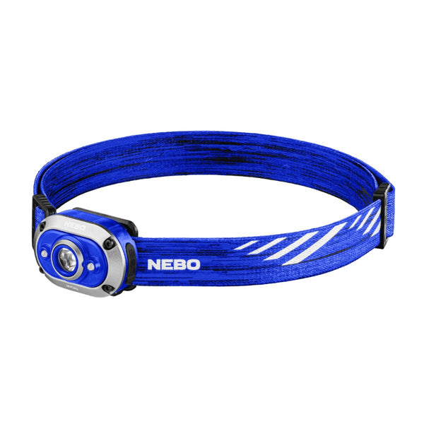 Blue convertible Nebo Mycro 450 headlamp and cap light on a white background.