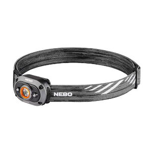 Nebo Mycro 450 headlamp with grey strap on a white background.