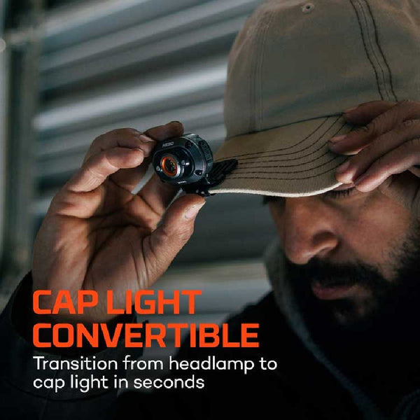 Person holding a convertible Nebo Mycro 450 cap light with text overlay.