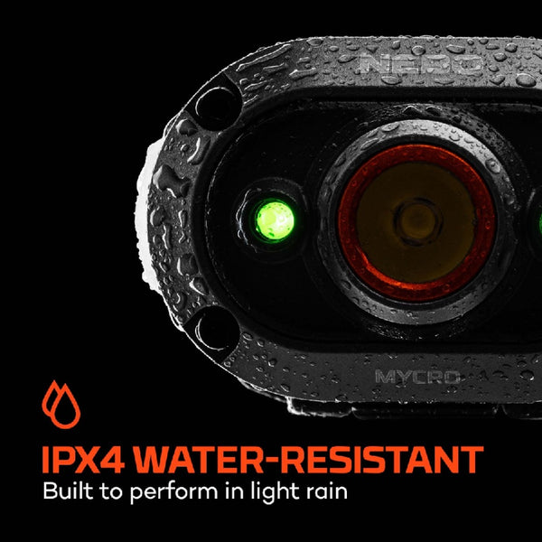 Water-resistant Nebo Mycro 450 headlamp closeup with water droplets on a black background, featuring the IPX4 water resistant text. 