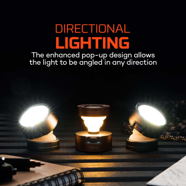 Nebo Poppy Pocket Lantern infographic showing the directional lighting option.