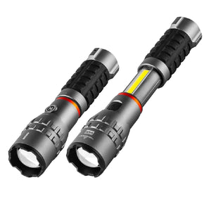 Nebo Slyde King 4k flashlight and worklight with black and gray design shown side by side on a white background.