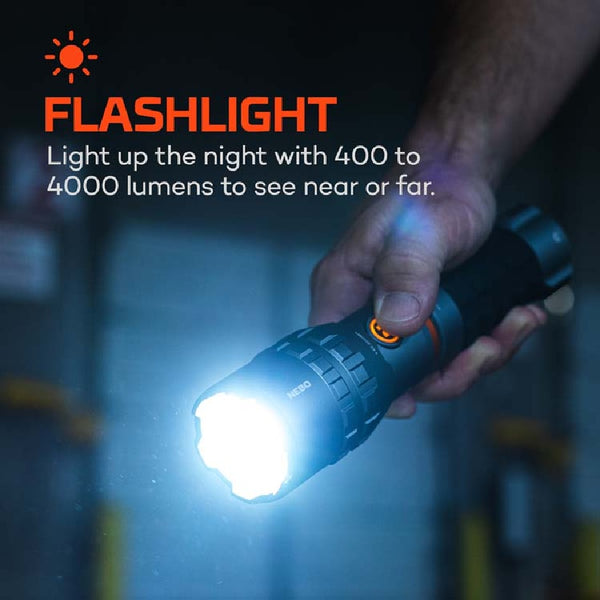 Hand holding a Nebo Slyde King 4k flashlight with text about lumens on a dark background.
