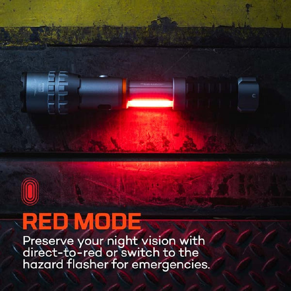 Red light emitting from a Nebo Slyde King 4k Flashlight on a textured surface with text about night vision preservation.