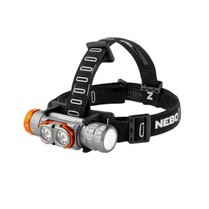 Nebo Transcend 3000 headlamp with black strap on a white background.
