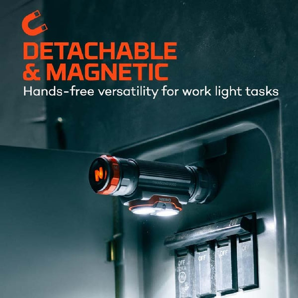Detachable and magnetic Nebo Transcend 30003 headlamp and work light attached to a surface with text highlighting its features.
