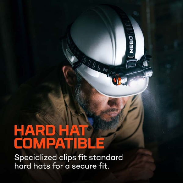 Person wearing a hard hat with a NEBO Transcend 3000 headlamp, text indicating compatibility with standard hard hats.