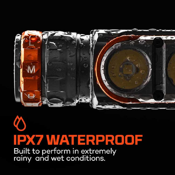 Waterproof Nebo Transcend 3000 headlamp with water droplets and IPX7 rating text on a black background.