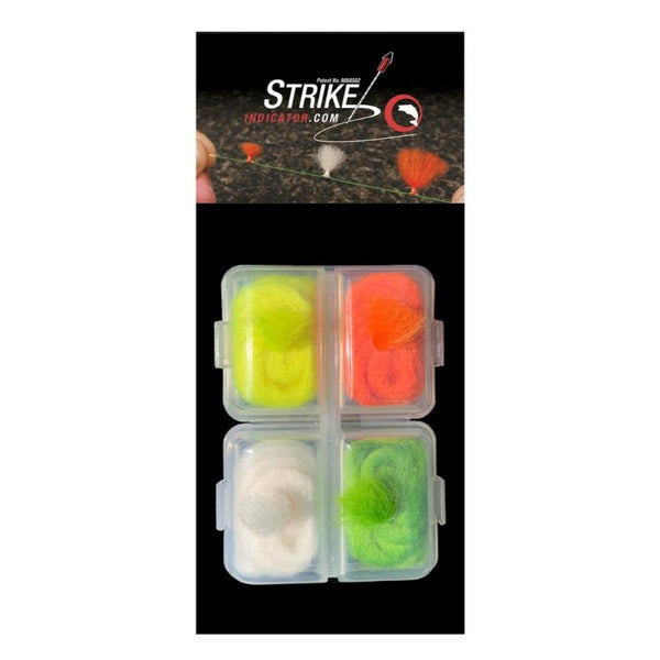 a single clear plastic 4 pack of new zealand fly fishing strike indicator wool for fly fishing, containing white, yellow, orange and green wool on a white background