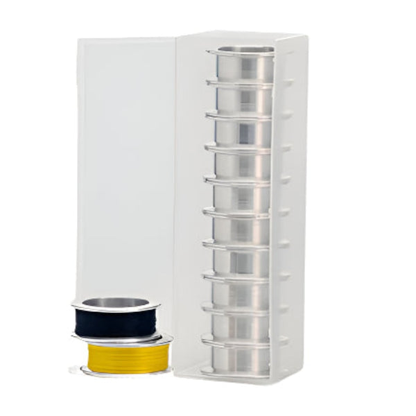 10 silver Norvise bobbin spools designed for use with a Norvise Automatic Bobbin, stacked in tower and shown alongside two threaded spools for example.
