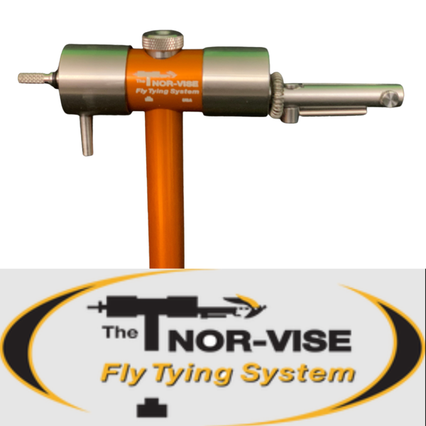 Orange Legacy C NorVise fly tying Vise with branding, on a white background.