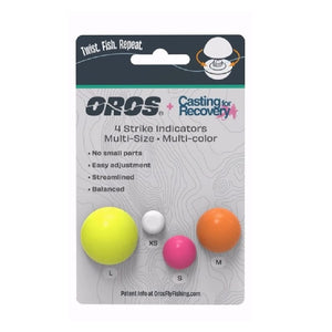 Package of 4 multi-colored and assorted sized Oros strike indicators with Casting for Recovery collaboration background